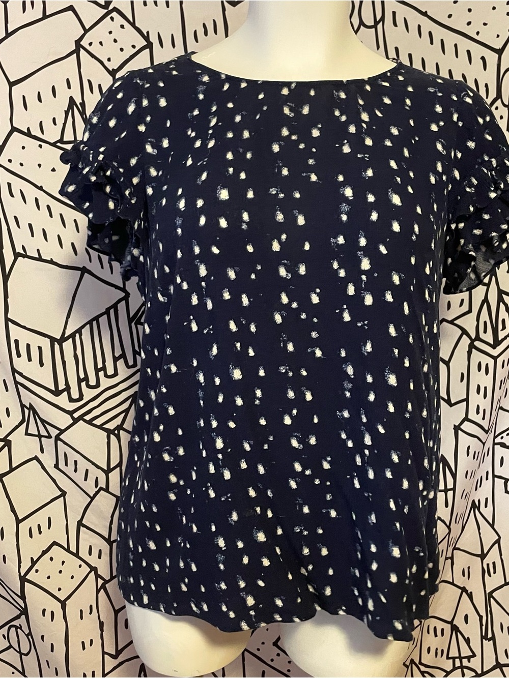 Lane Bryant Navy and White Dot Ruffle Sleeve Blouse